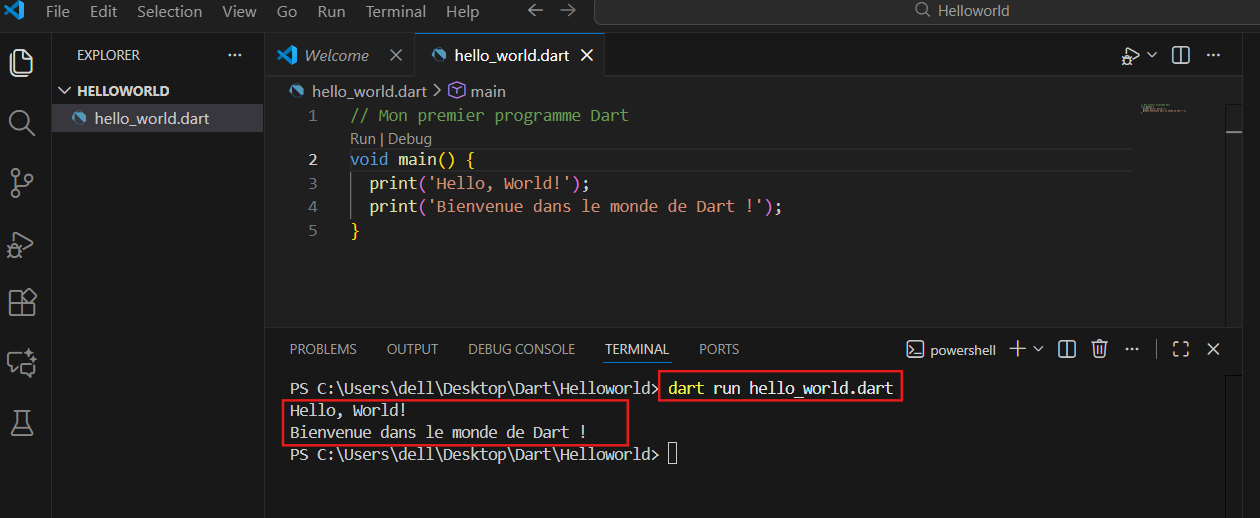 Capture d'écran du terminal VSCode affichant le résultat de 'dart run hello_world.dart'